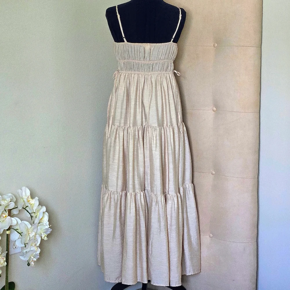 Blu Pepper-Boho Smocked Tiered Maxi Sundress, Champagne, Lined Adjustable Straps - Picture 2 of 10